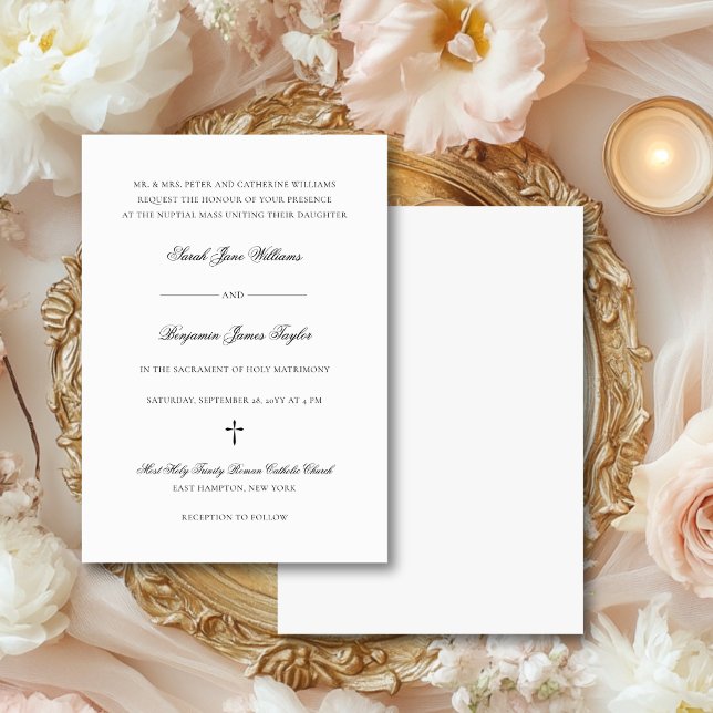 Invitación Sarah Elegant Boda Católica Blanca y Negra (This elegant wedding invite has been designed for a Catholic nuptial Mass.)