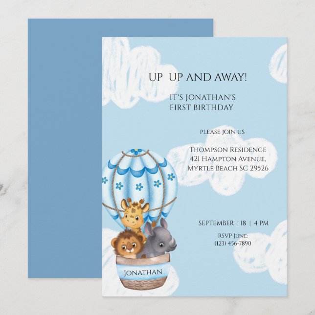 Invitación Sarfari Animal Hot Air Balloon Boys First Birday (Anverso / Reverso)