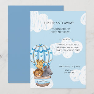Invitación Sarfari Animal Hot Air Balloon Boys First Birday