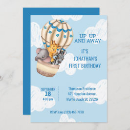 Invitación Sarfari Animal Hot Air Balloon Boys First Birday