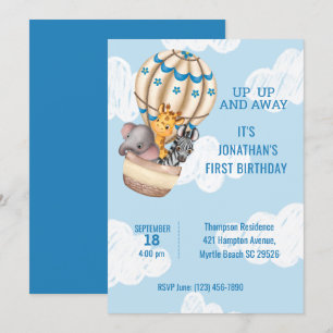 Invitación Sarfari Animal Hot Air Balloon Boys First Birday