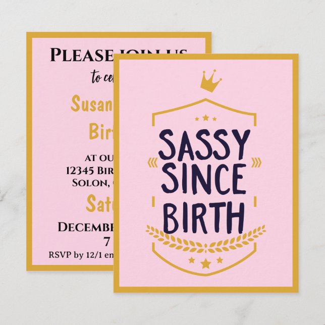 Invitación Sassy desde su nacimiento, cumpleaños de divertida (Anverso / Reverso)