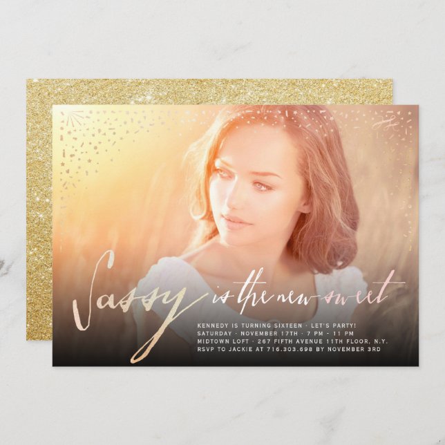 Invitación Sassy es la nueva invitada dulce 16a fiesta de cum (Anverso / Reverso)
