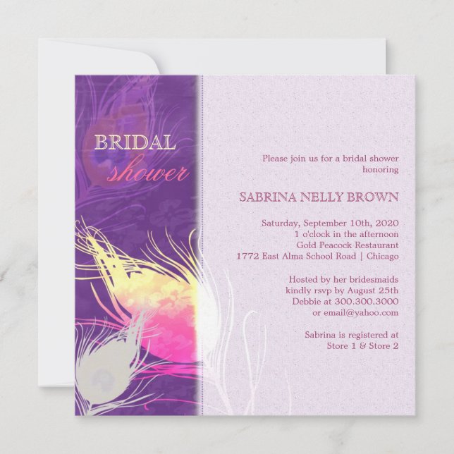 Invitación Sassy Peacock Feather Silhouette Bridal Shower (Anverso)