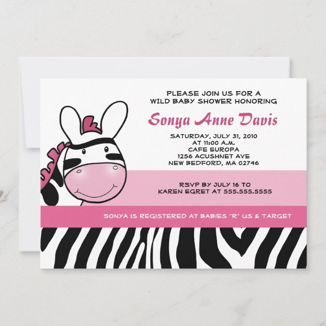 Invitación Sassy Pink Zebra Stripe Diva Baby Shower 5x7 Invit (Anverso)