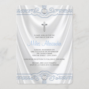Invitación Satén blanco y azul del blanco del bautizo del