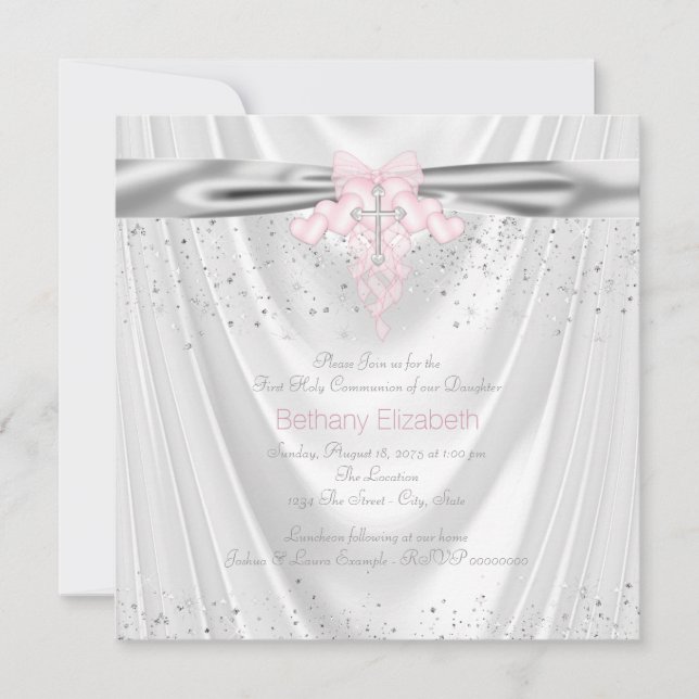 Invitación Satin Blanco Brillo Cruz Rosa Primera Comunión (Anverso)