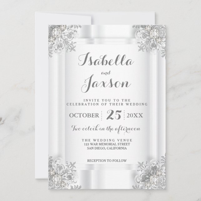 Invitación Satin Blanco Elegante y Ornado Blanco Plateado (Anverso)