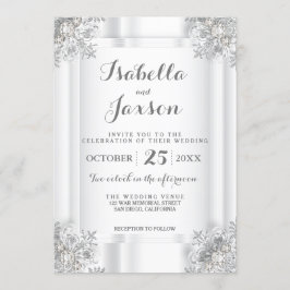Invitación Satin Blanco Elegante y Ornado Blanco Plateado