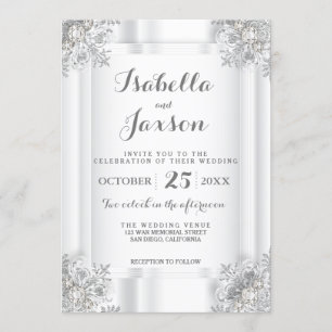 Invitación Satin Blanco Elegante y Ornamentado Blanco Platead