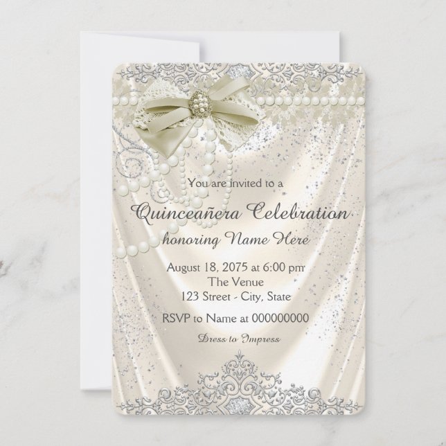 Invitación Satin de perla de marfil Quinceanera (Anverso)