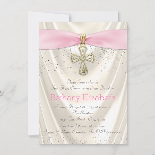 Invitación Satin de Primera Comunión Cruz de Marfil y Rosa (Anverso)