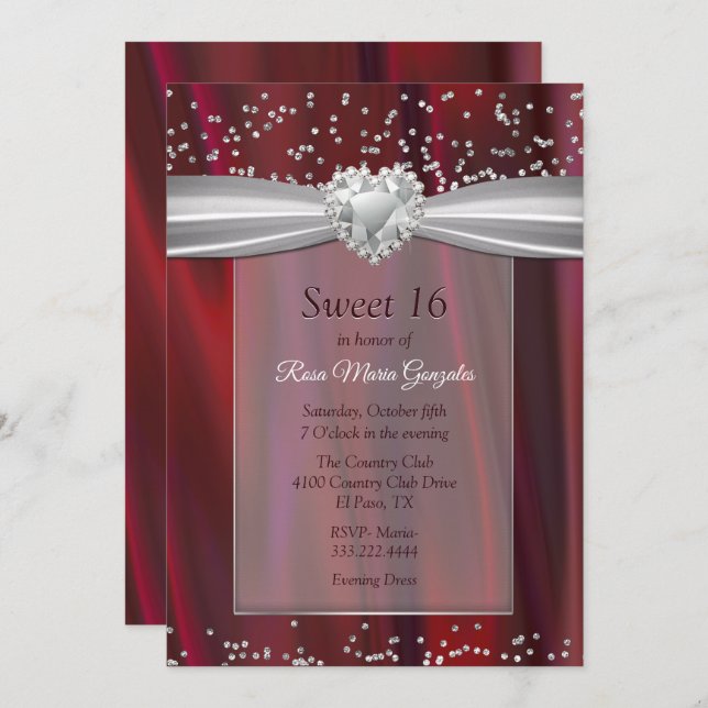 Invitación Satin de rubí y diamantes dulces 16 (Anverso / Reverso)