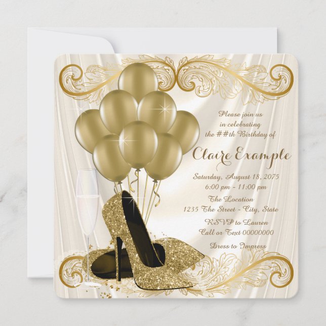 Invitación Satin, glamour del partido marfil y oro cumpleaños (Anverso)