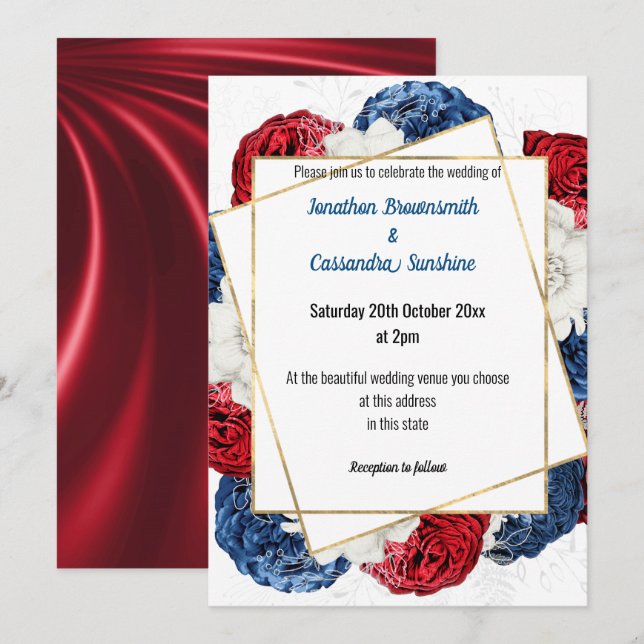 INVITACIÓN SATIN MODERNO ROJO AZUL GRIS BODA BLANCO (Anverso / Reverso)