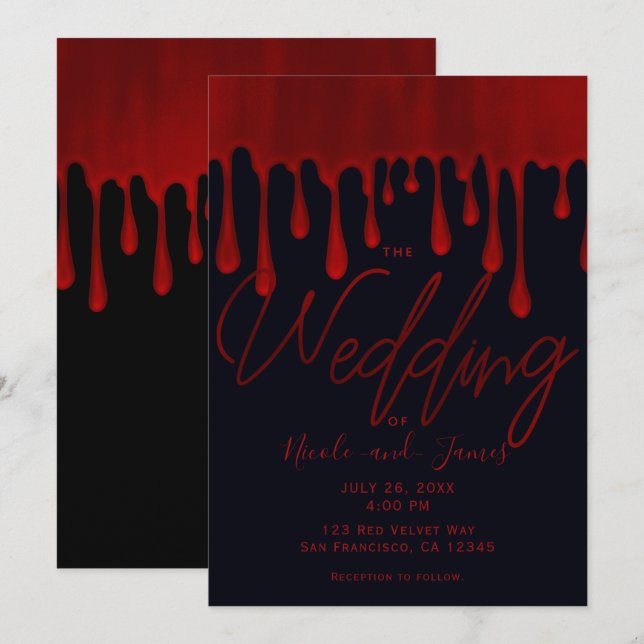Invitación Satin Rojo Drips Goteo Sangre Halloween Boda I (Anverso / Reverso)