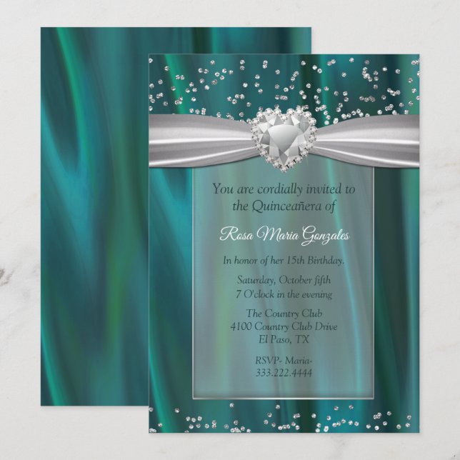Invitación Satin y Diamantes verde azulados Quinceañera (Anverso / Reverso)