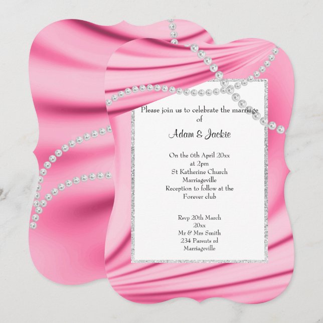 INVITACIÓN SATINA ROSA, DIAMANTES Y PERLAS BODAS ELEGANTES 2 (Anverso / Reverso)