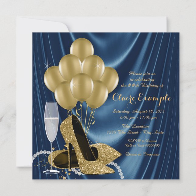 Invitación Satinado de fiesta de cumpleaños Royal Blue y Gold (Anverso)