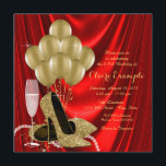 Invitación Satinado del partido de cumpleaños rojo y oro de l<br><div class="desc">Invitación a la fiesta de cumpleaños roja y dorada de una mujer con hermosos zapatos de tacón de purpurina dorado, globos dorados, champán y perlas con fondo de satén rojo. Esta elegante invitación de fiesta de cumpleaños en rojo y oro se personaliza fácilmente para tu evento simplemente añadiendo tus detalles...</div>