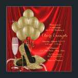 Invitación Satinado del partido de cumpleaños rojo y oro de l<br><div class="desc">Invitación a la fiesta de cumpleaños roja y dorada de una mujer con hermosos zapatos de tacón de purpurina dorado, globos dorados, champán y perlas con fondo de satén rojo. Esta elegante invitación de fiesta de cumpleaños en rojo y oro se personaliza fácilmente para tu evento simplemente añadiendo tus detalles...</div>