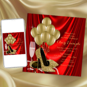 Invitación Satinado del partido de cumpleaños rojo y oro de l