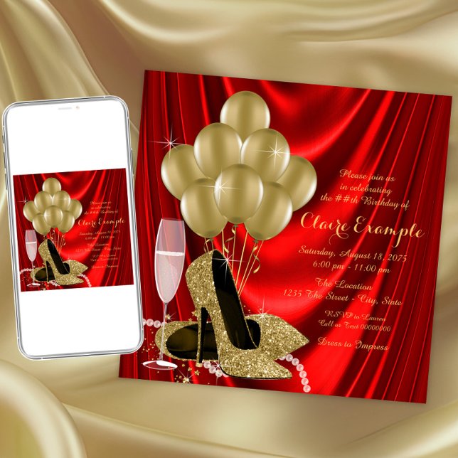 Invitación Satinado del partido de cumpleaños rojo y oro de l (Elegant red and gold shoe any event invitation. Instant download and printed invitations available.)