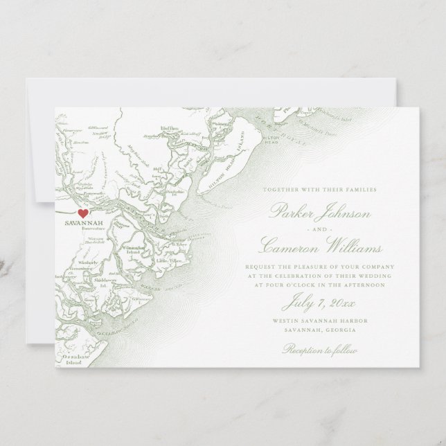 Invitación Savannah Georgia Map Elegant Sage Green Boda (Anverso)