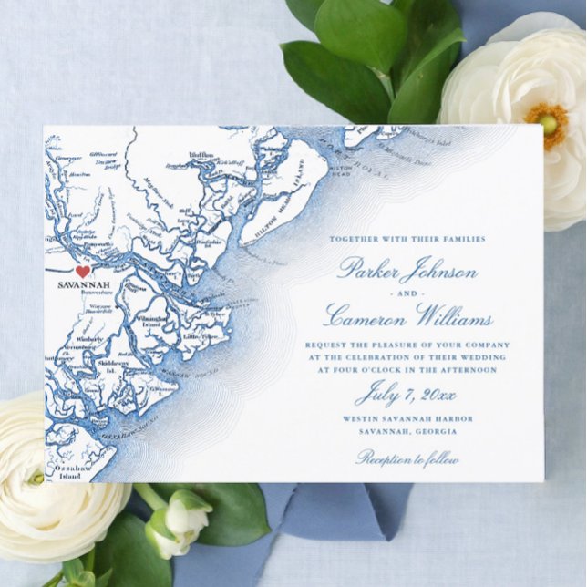 Invitación Savannah Georgia Map Elegy Navy Blue Boda (Elegant Savannah Georgia Map wedding invitation in navy blue with red heart)