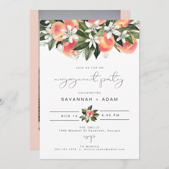 Invitación SAVANNAH Peach Botanical Engagement Party (Anverso / Reverso)