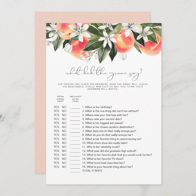 Invitación SAVANNAH Peach What Do The Groom Say Bridal Game (Anverso / Reverso)