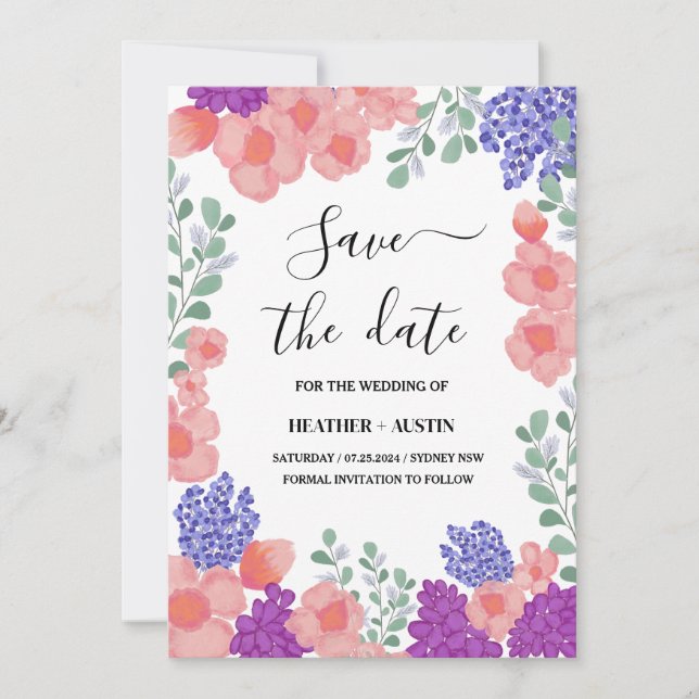 Invitación Save Date Wedding Flowers Watercolor   (Anverso)