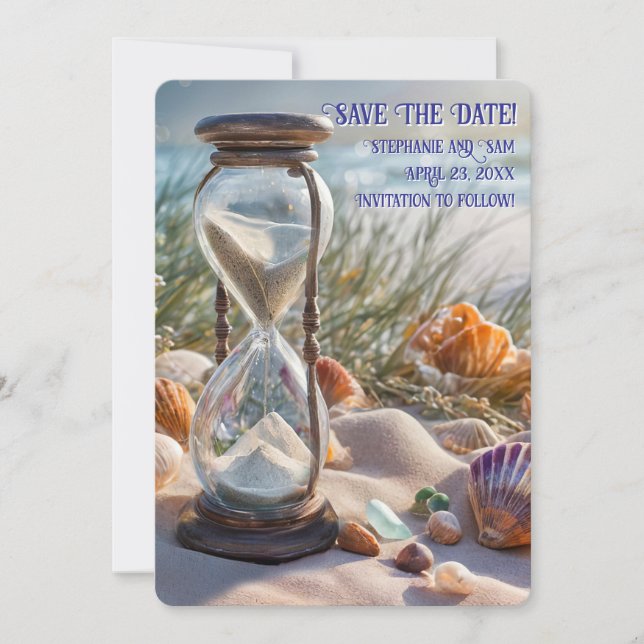 Invitación Save the Date Beach Seashells Hourglass (Anverso)
