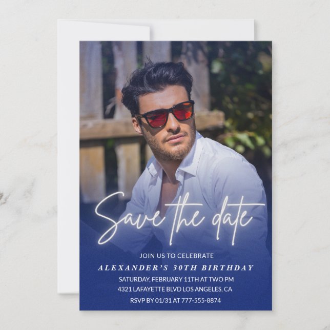 Invitación Save the date Birthday Party Photo Navy (Anverso)