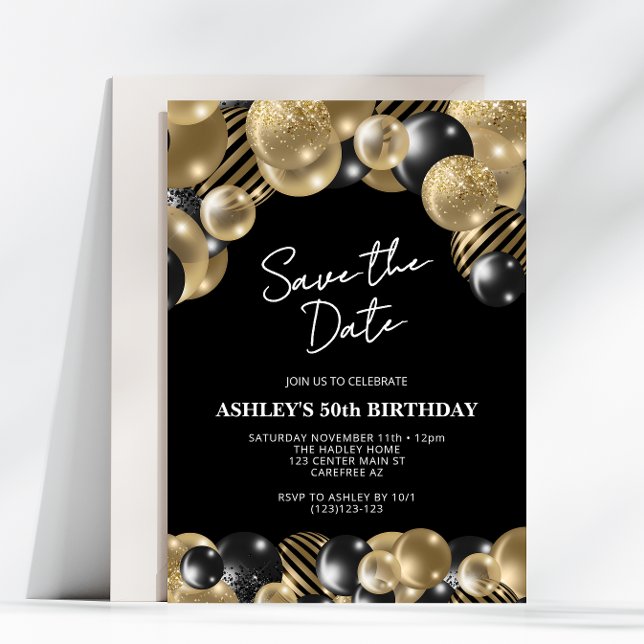 Invitación Save the Date Black Gold 50th Birthday (Subido por el creador)