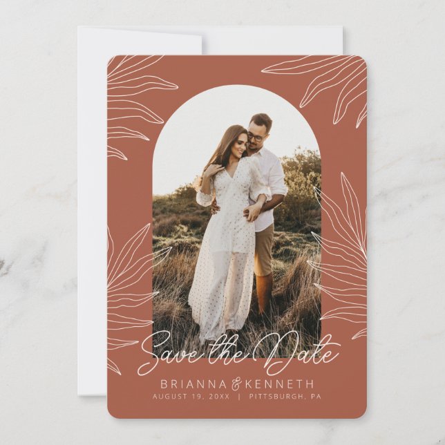 Invitación Save the Date Boho Arch Photo on Botanical (Anverso)