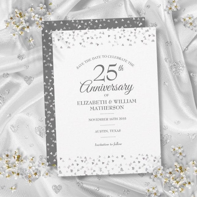 Invitación Save the Date Corazones de Plata 25 Aniversario (25th Anniversary Save the Date Silver Hearts Invitation)