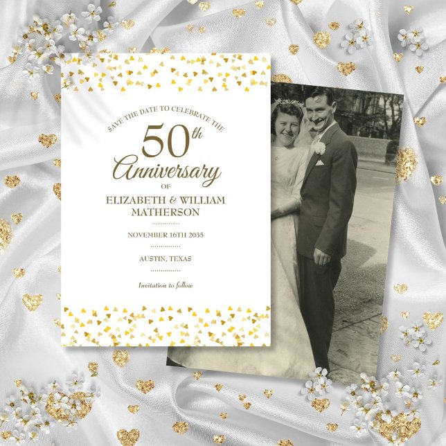 Invitación Save the Date de Aniversario de Oro 50º (50th Anniversary Gold Hearts Photo Save the Date Invitation)