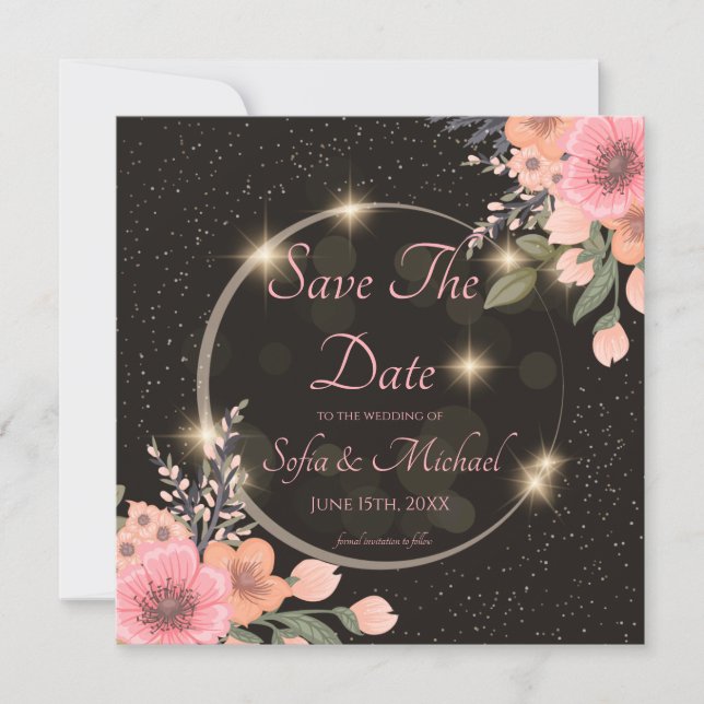 Invitación Save the Date floral/negro (Anverso)