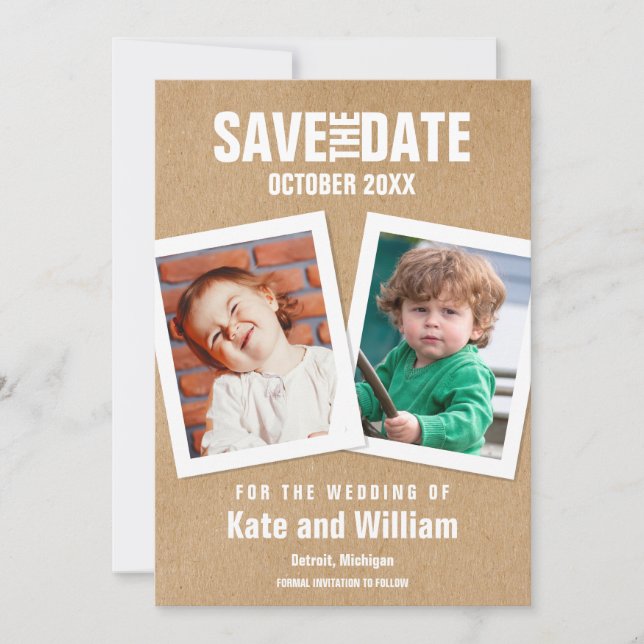 Invitación Save the Date Fotos de Niños Boho Rustic (Anverso)