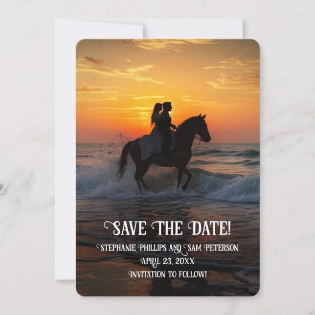 Invitación Save the Date Horseback Riding Beach (Anverso)