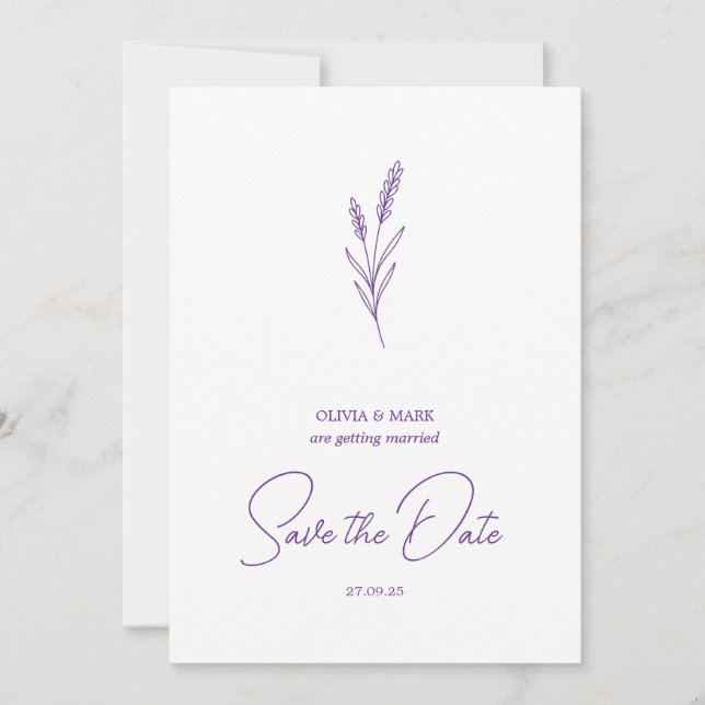 Invitación save the date minimalist elegant writing lavender (Anverso)