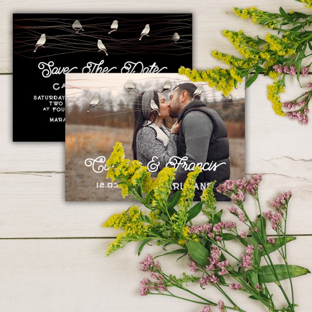 Invitación Save the Date Photo Rosa Gray Black Birds Digital (Save The Date Photo Rose Gray Black Birds Digital Invitation)