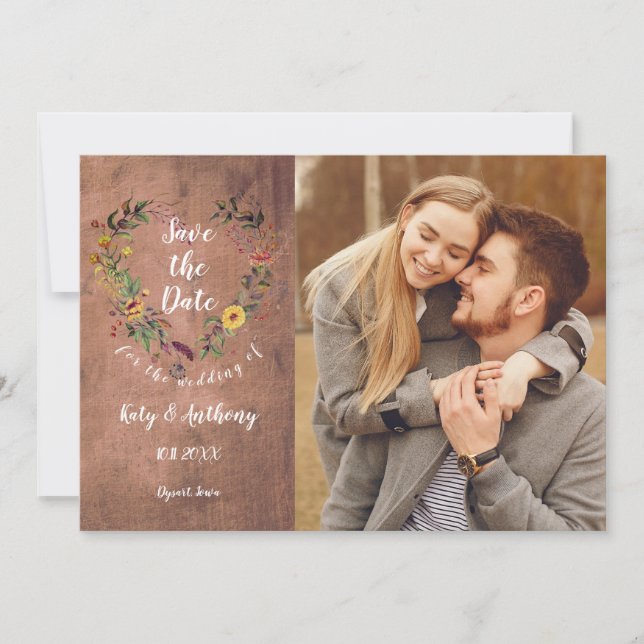 Invitación Save the Date Photo Rustic Wood Floral Heart (Anverso)