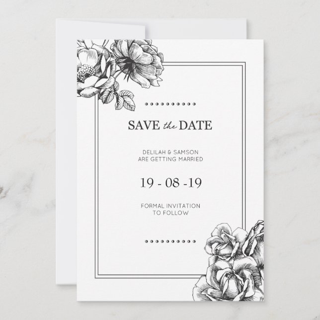 Invitación Save the Dates de boda con flores grabadas en blan (Anverso)