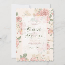 Invitación Scalloped Edge Pink & Green Vintage Roses Wedding