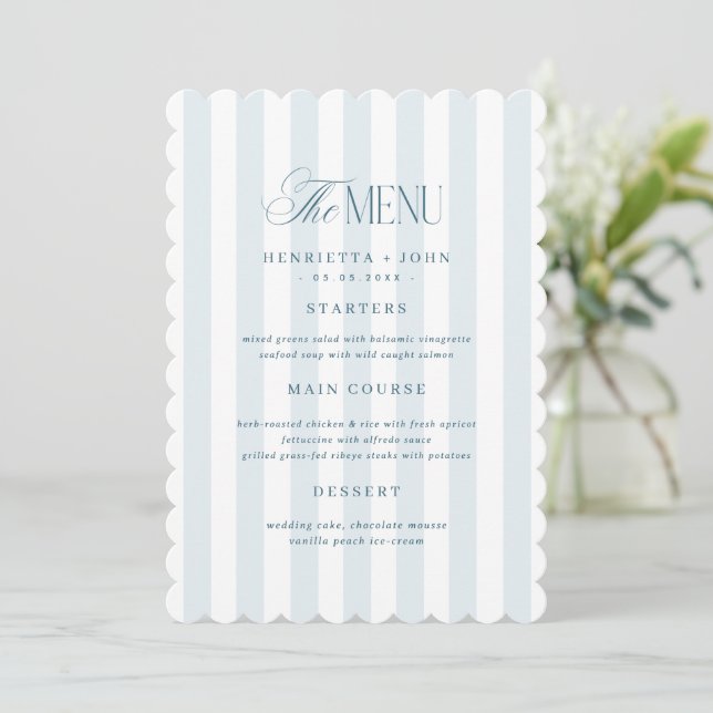 Invitación Scalloped Edge Timeless Blue Stripes Menu Card (Anverso de pie)