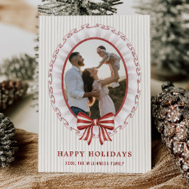 Invitación Scalloped Frame + Striped Bow Holiday Photo Card