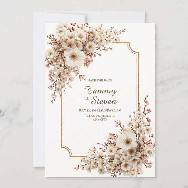 Invitación Scalloped Ivory Cherry Blossom Gilded Wedding (Anverso)