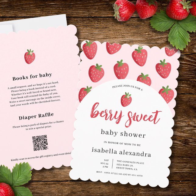 Invitación Scalloped Pink Berry Sweet Strawberry Baby Shower (The front and back of the invitation is shown in 5x7-inch with a scalloped frame. )